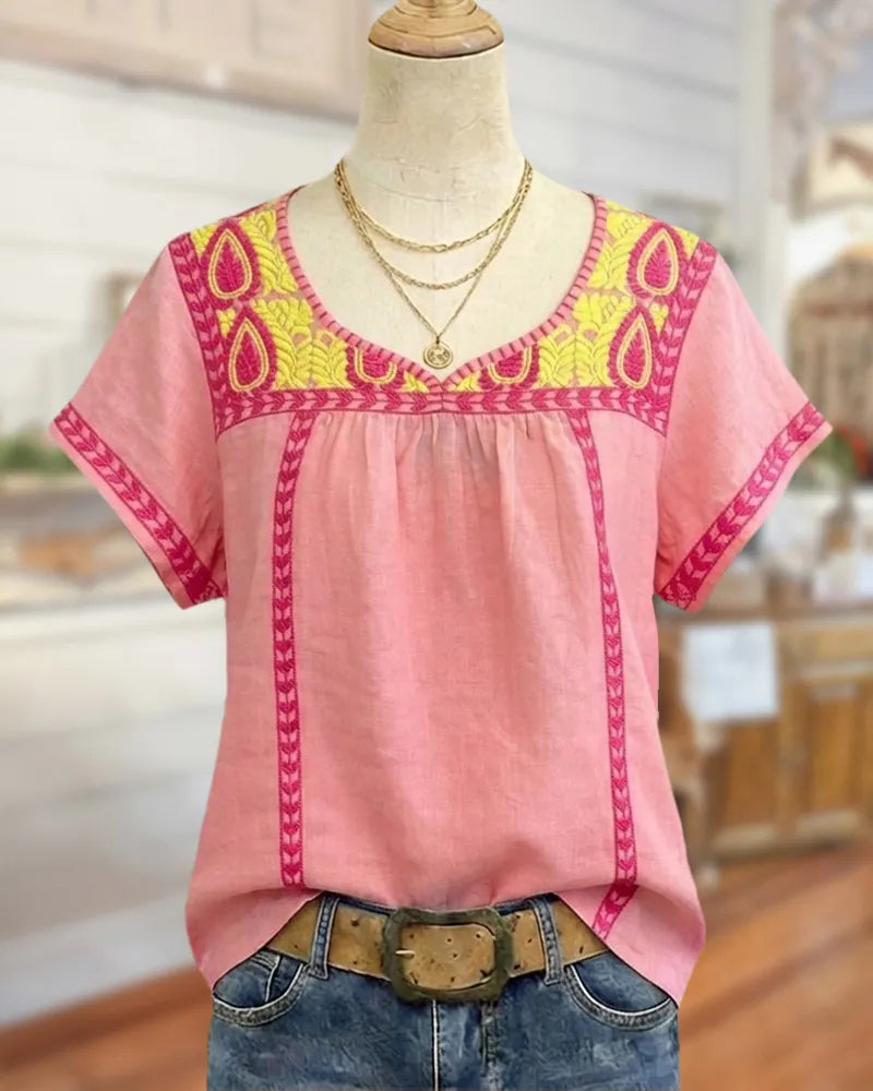 V Neck Embroidered Trim Short Sleeve Retro Blouse