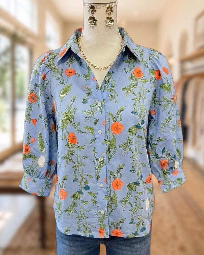 Floral Print Collared Button Front 3/4 Sleeve Blouse