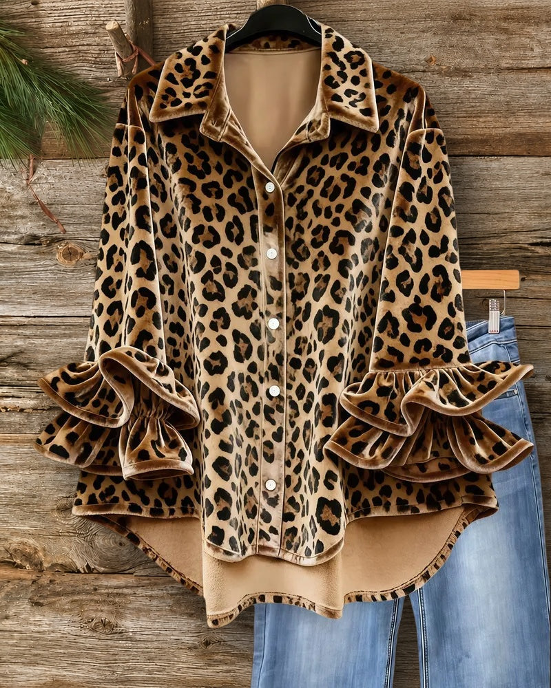 Leopard Print Velvet Bold Ruffle Sleeve Button Up Blouse