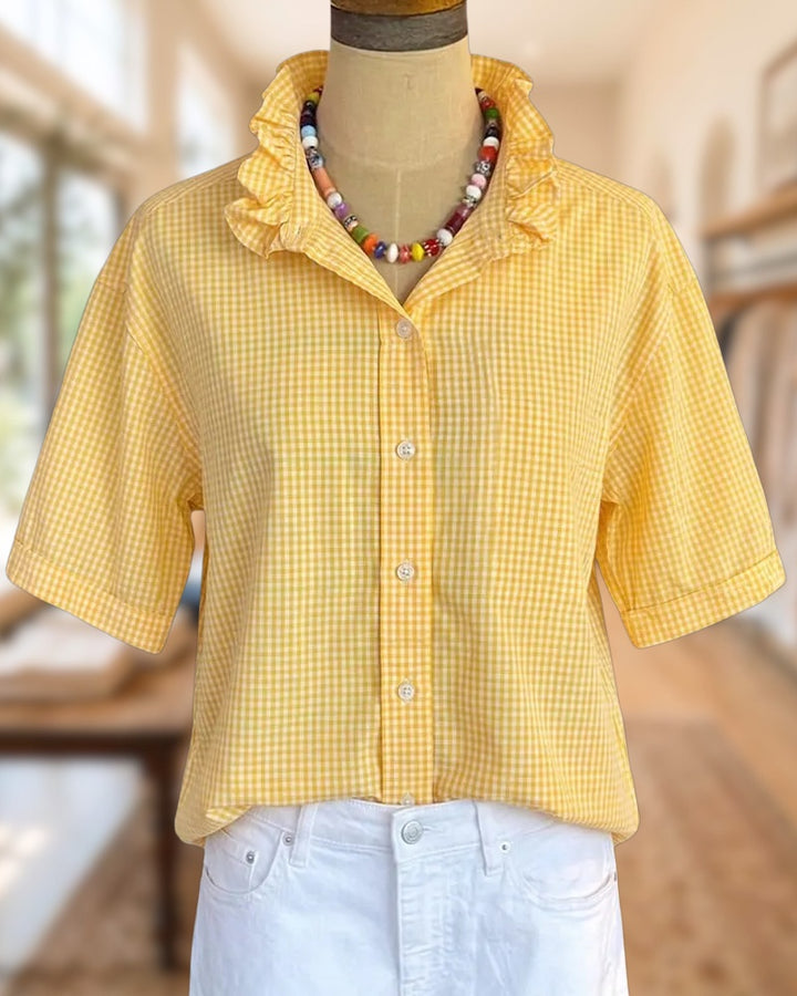 Ruffled Collar Gingham Button Down Short Sleeve Shirt
