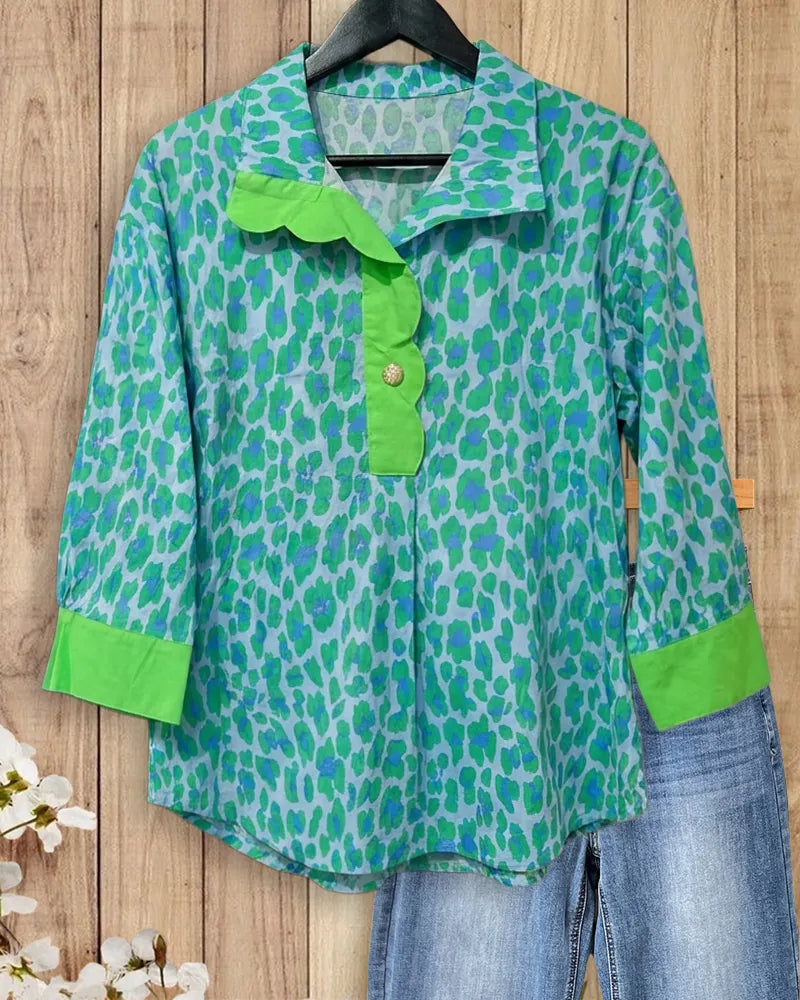 Scallop Trim Placket Collared Leopard Print 3/4 Sleeve Blouse