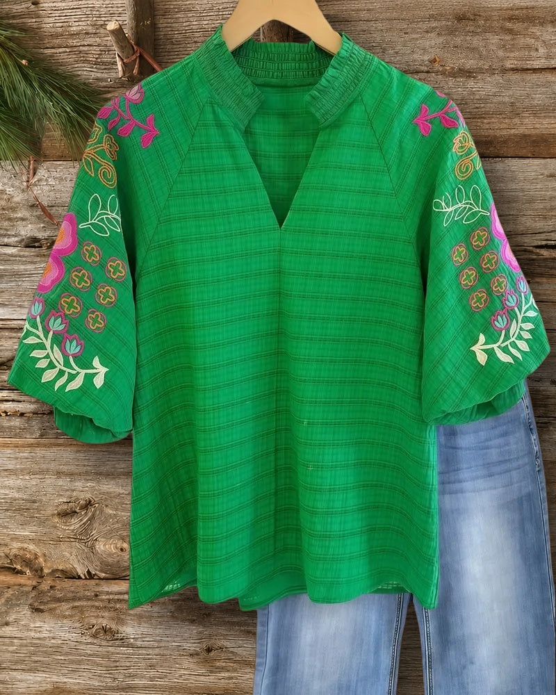 Floral Embroidery Puff Sleeve V Neck Smart Blouse
