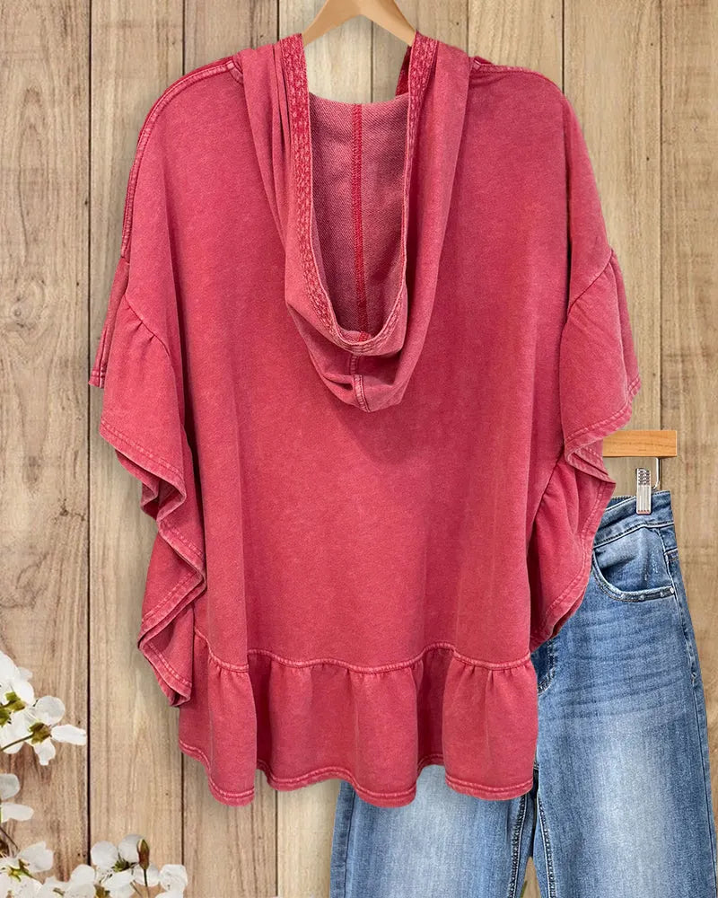 Hooded V Placket Ruffled Hem Short Sleeve Loose Top