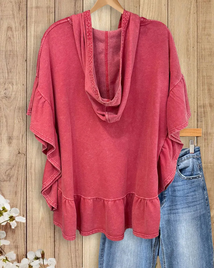 Hooded V Placket Ruffled Hem Short Sleeve Loose Top