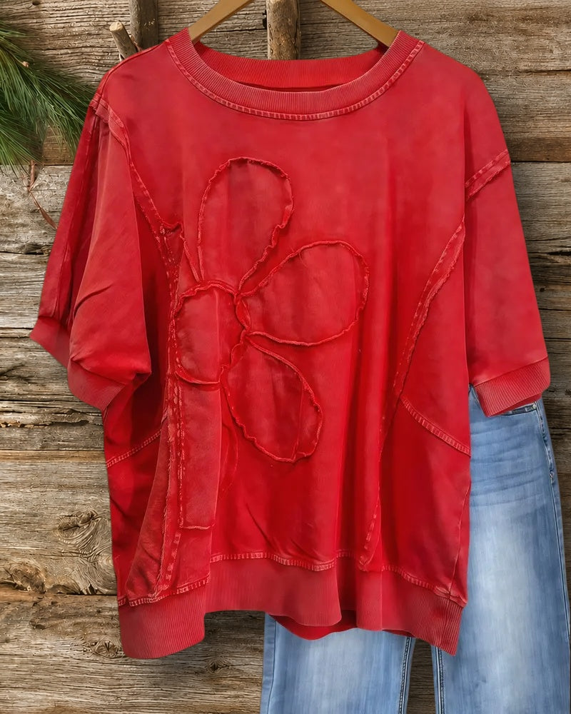 Floral Applique Cute Round Neck Seamed T-Shirt