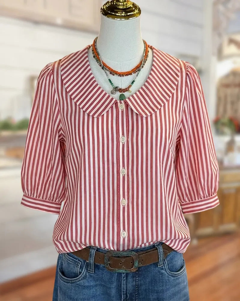 Peter Pan Collar Striped Puff Sleeve Button Front Blouse