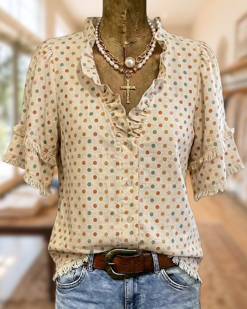 Polka Dot V Neck Tiered Sleeve Button Front Blouse