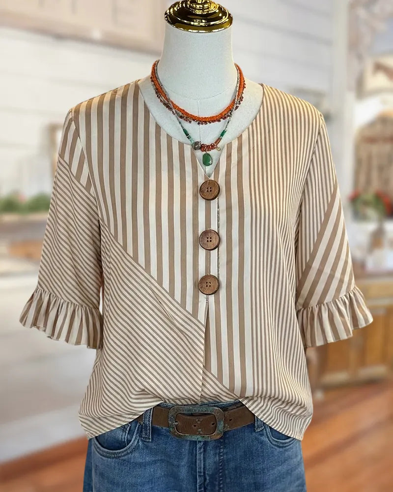 Mixed Striped Button Front Ruffle Cuff V Neck Blouse