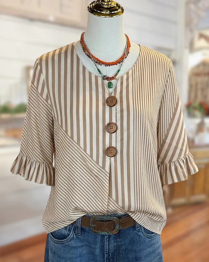 Mixed Striped Button Front Ruffle Cuff V Neck Blouse