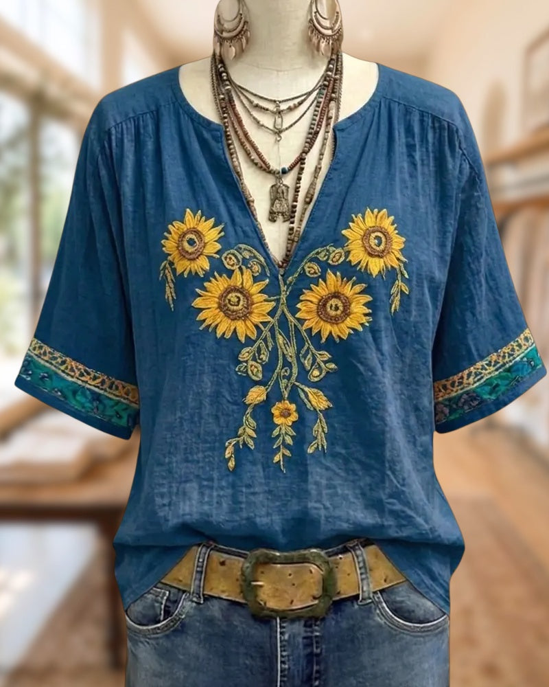 Sunflower Embroidery V Neck Short Sleeve Loose Casual Blouse