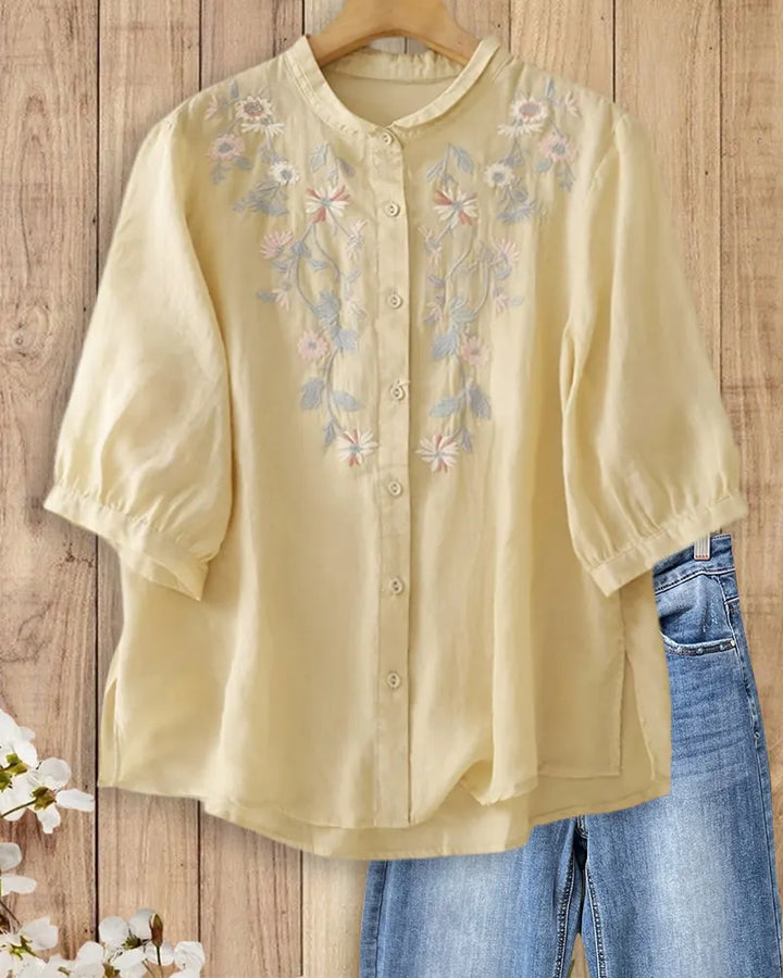 Floral Embroidered Mandarin Collar Half Sleeve Button Down Blouse