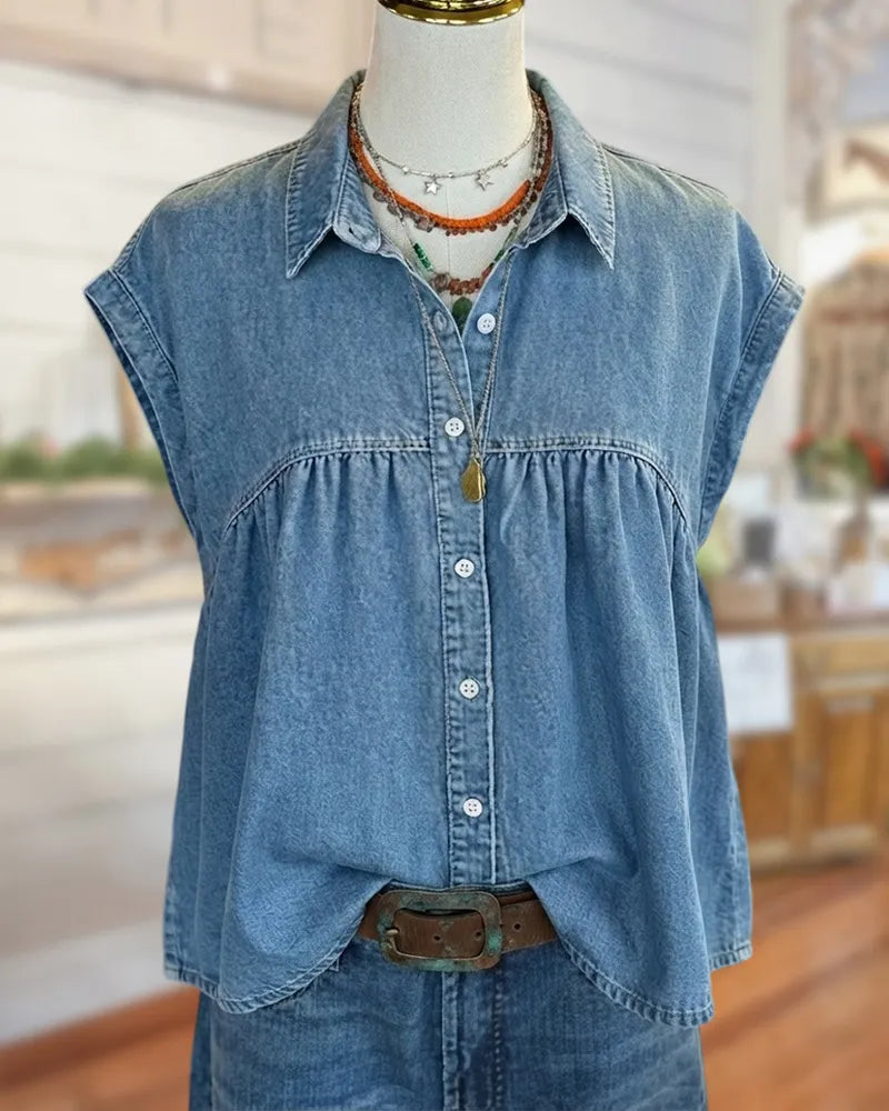Collared Button Front Cap Sleeve Gathered Loose Casual Shirt
