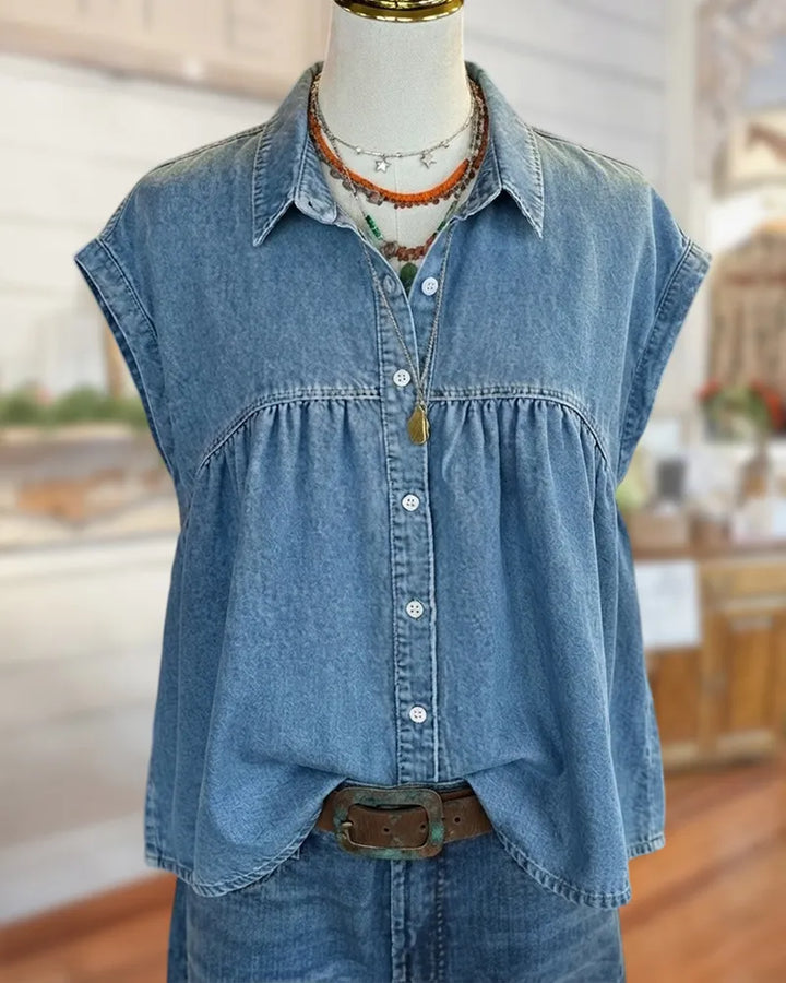 Collared Button Front Cap Sleeve Gathered Loose Casual Shirt