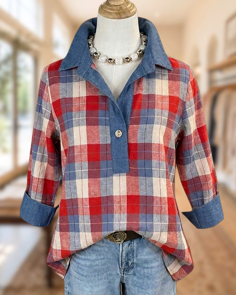 Plaid Collared Half Placket 3/4 Sleeve Casual Shirt