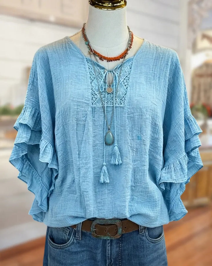 Tiered Ruffle Sleeve Tie Neck Blouse