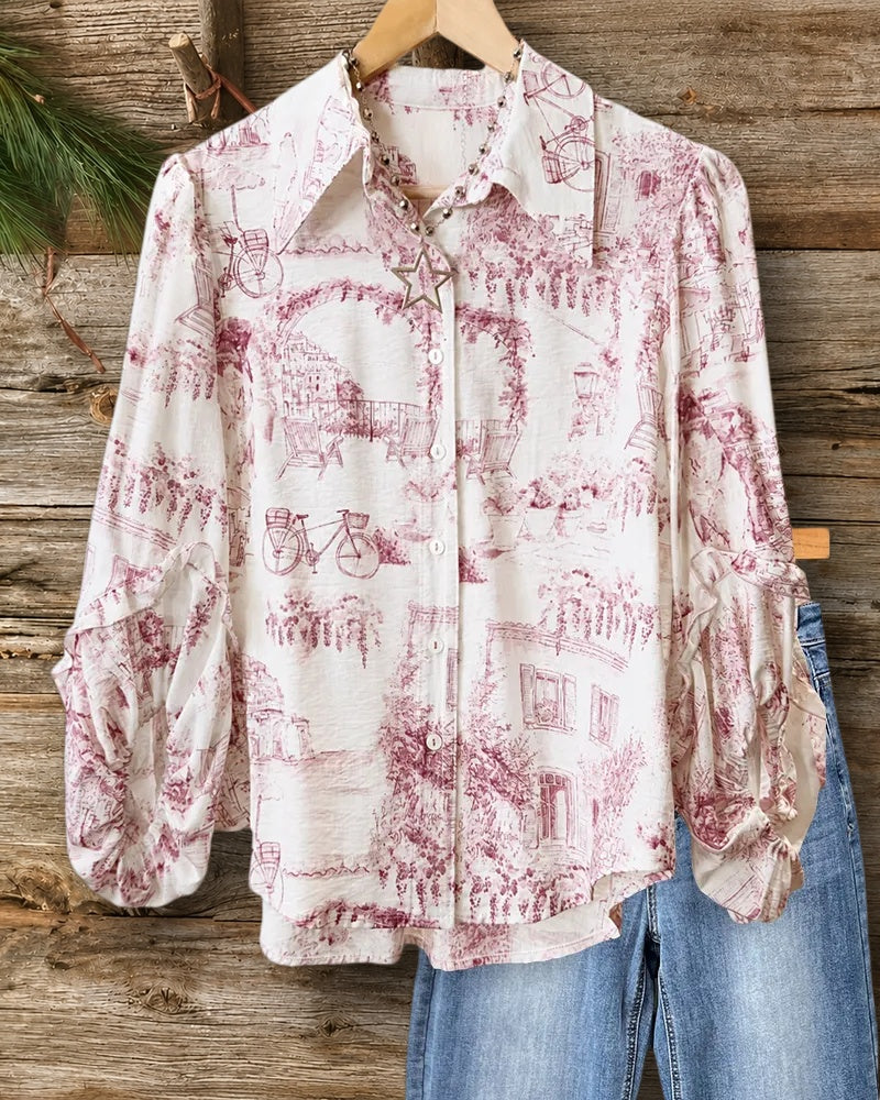 Lantern Sleeve Lapel Button Blouse