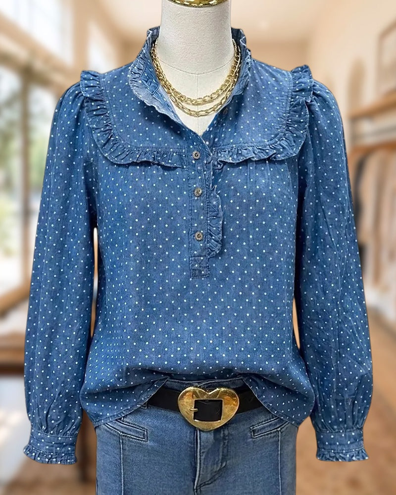 Polka Dot Ruffled Trim Half Placket Long Sleeve Blouse