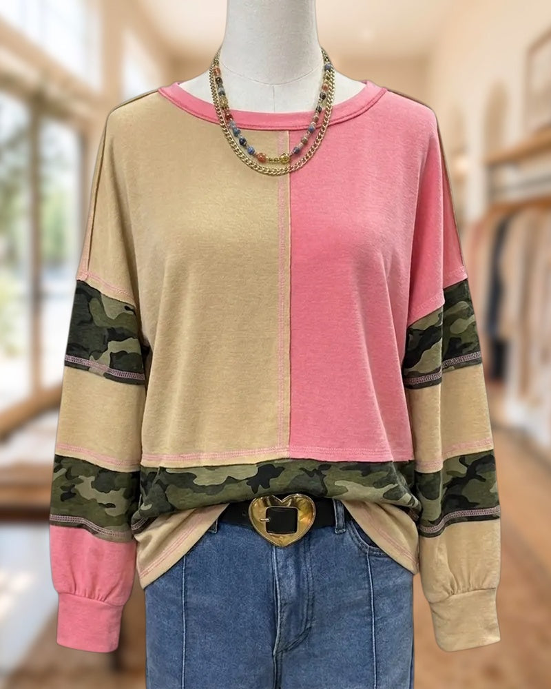 Color Block Camouflage Patchwork Exposed Seam Long Sleeve Sweatshirt