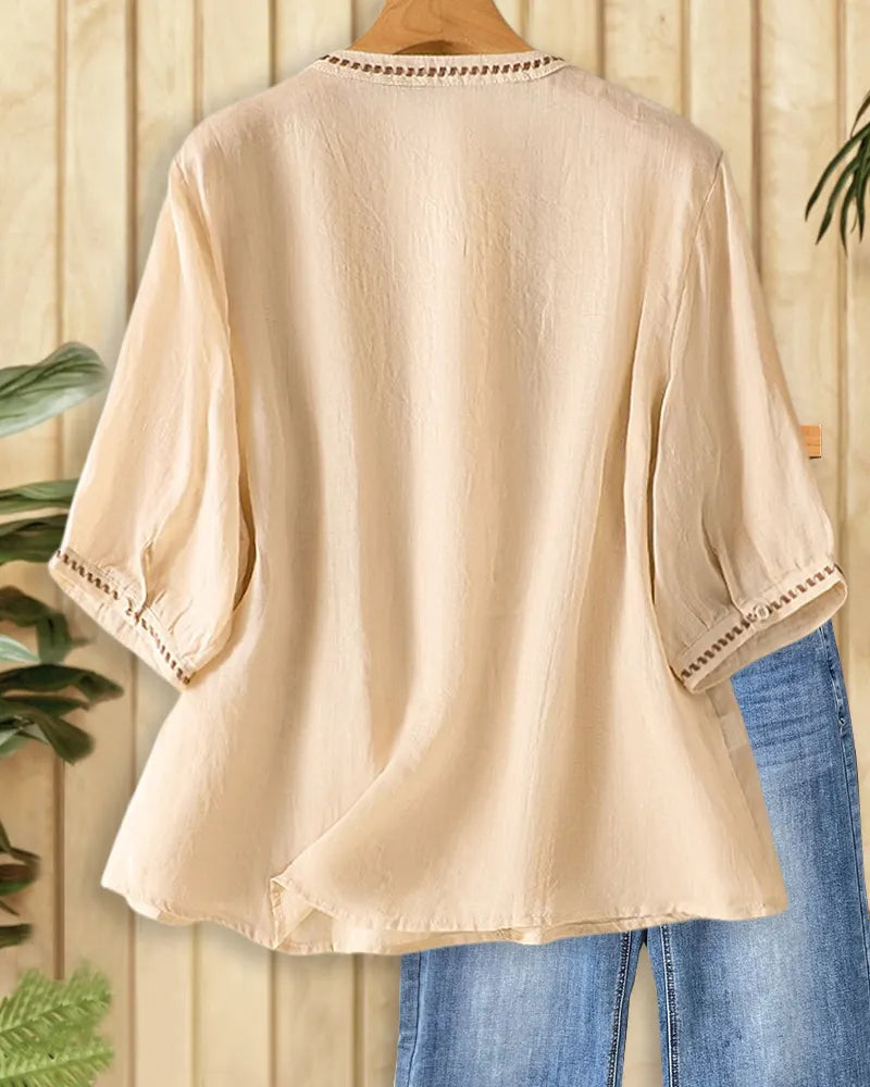Embroidered V Neck Loose Pleated Detail 3/4 Sleeve Blouse