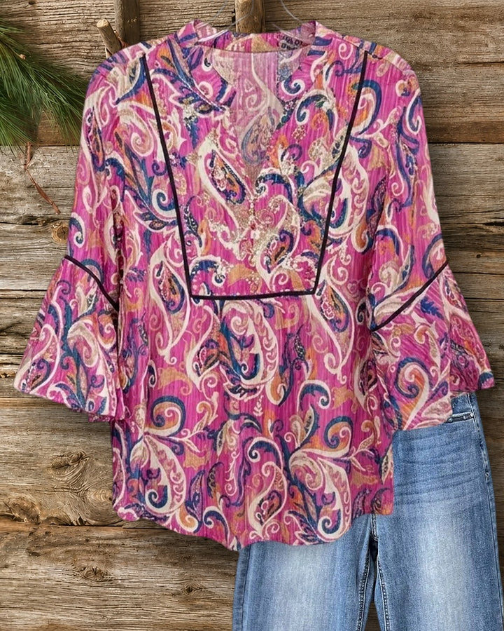 Paisley Print Bell Sleeve V Neck Contrast Piping Blouse