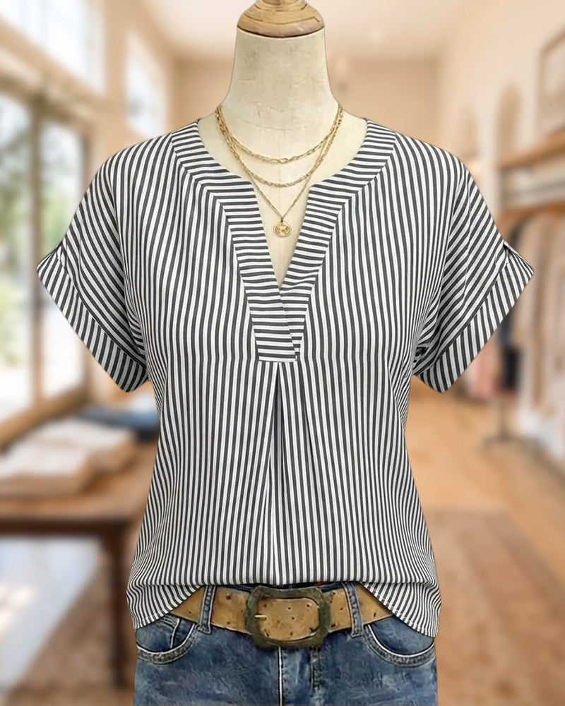 Striped V Neck Short Sleeve Casual Blouse