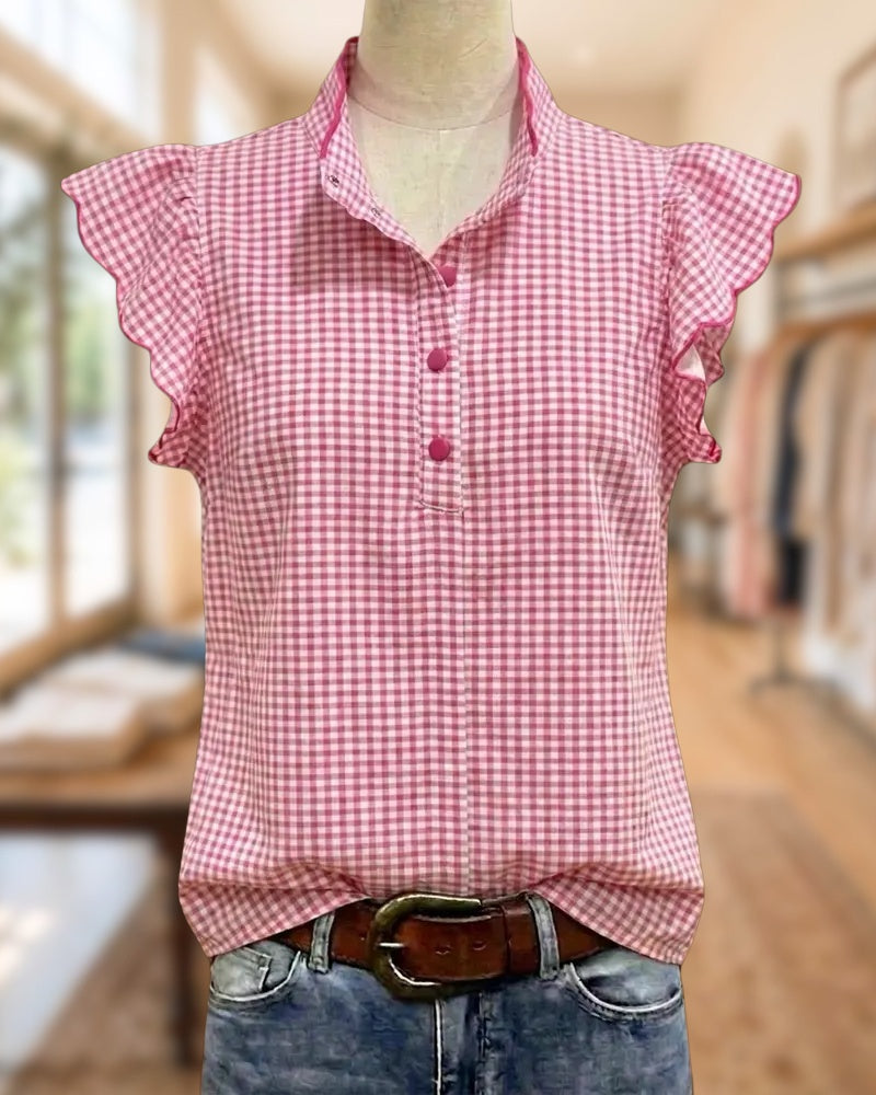 Gingham Ruffle Sleeve Stand Collar Half Placket Casual Blouse