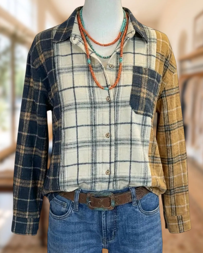 Plaid Color Block Long Sleeve Button Up Chest Pocket Shirt