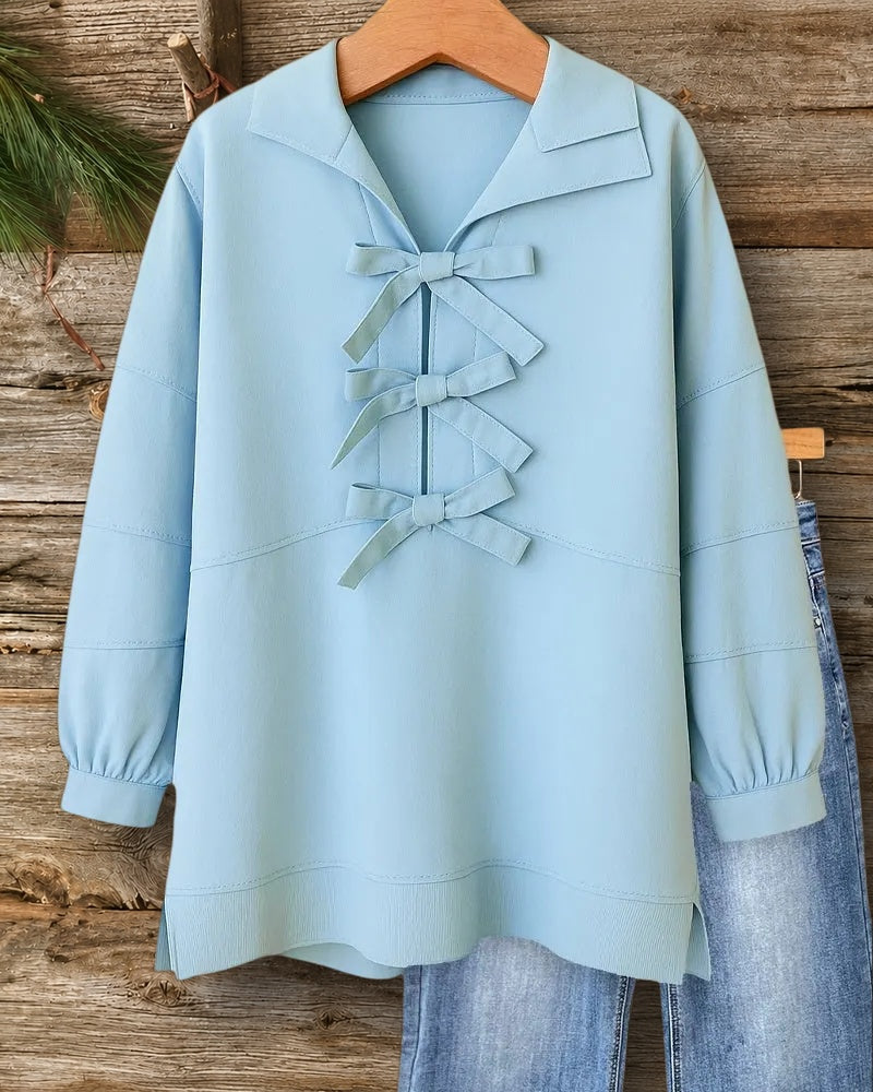 Solid Color Girly Bow Decor Seamed Detail Sweatshirt