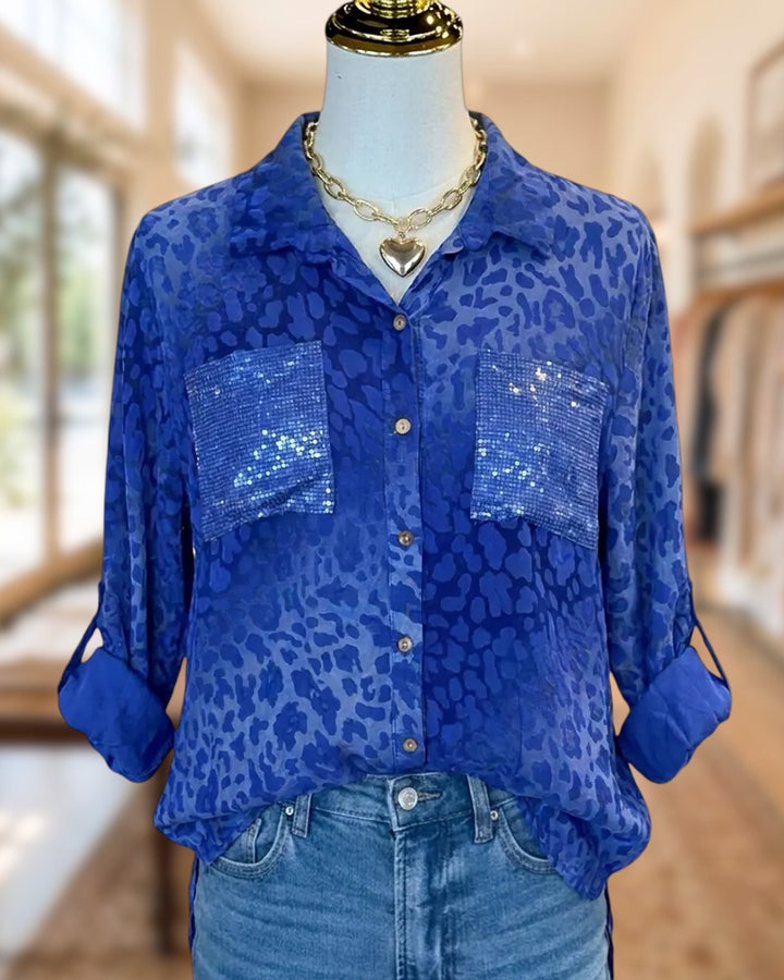Leopard Print Sequin Pocket Button Shirt