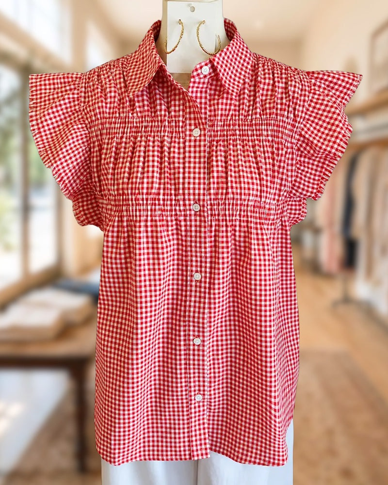 Gingham Collared Smocked Button Front Flutter Sleeve Casual Blouse