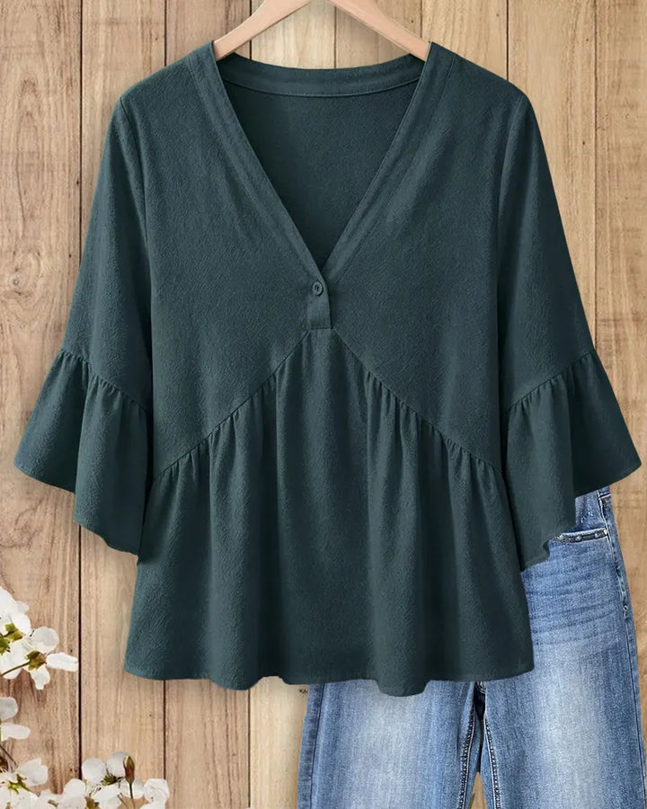 V Neck Solid Color Sweet Flare Sleeve Peplum Blouse