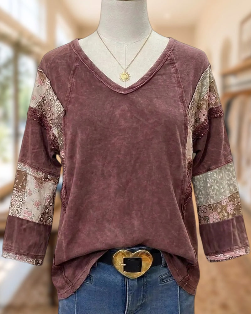 Patchwork V Neck 3/4 Sleeve On-trend Sweatshirt