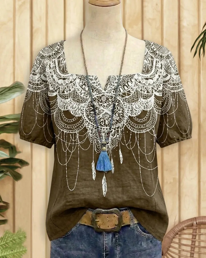 Square Neck Embroidered Button Front Short Sleeve Casual Blouse