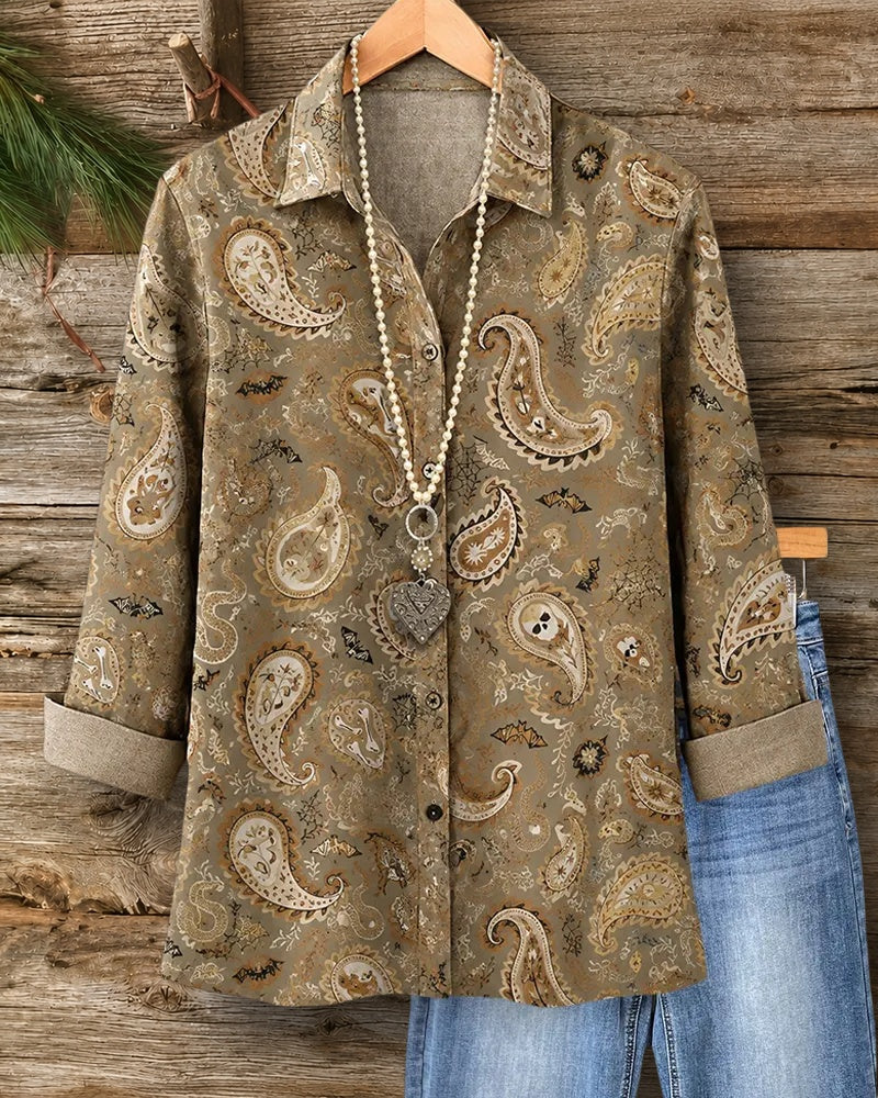 Paisley Print Button Front Collared Long Sleeve Shirt