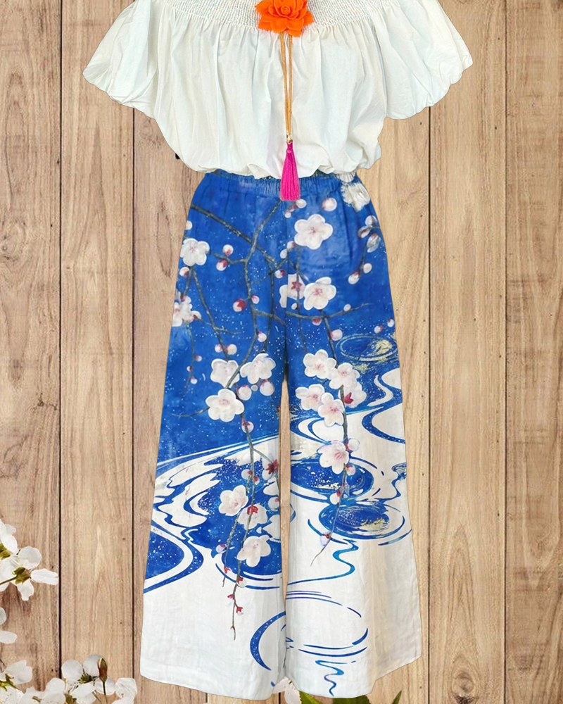 Floral Print Pastoral Casual Wear Wide Leg Pants
