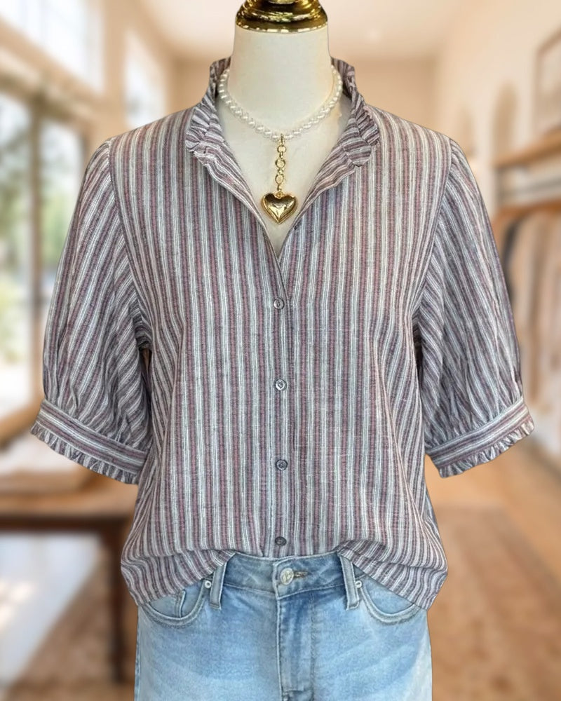 Ruffled Stand Collar Striped Button Front Puff Sleeve Blouse