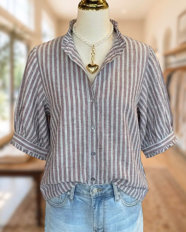 Ruffled Stand Collar Striped Button Front Puff Sleeve Blouse