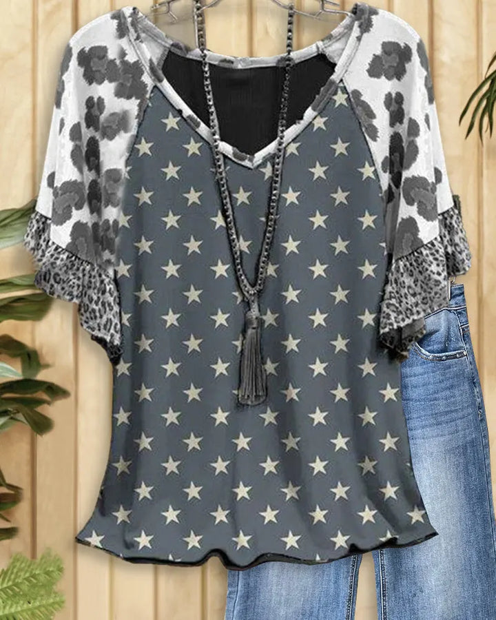 Leopard & Star Print Casual Raglan Sleeve T-Shirt