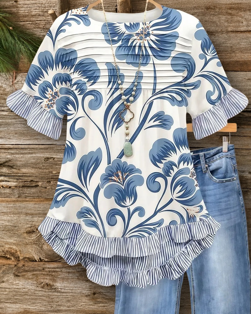 Floral Print Retro Ruffles Trim Babydoll Blouse