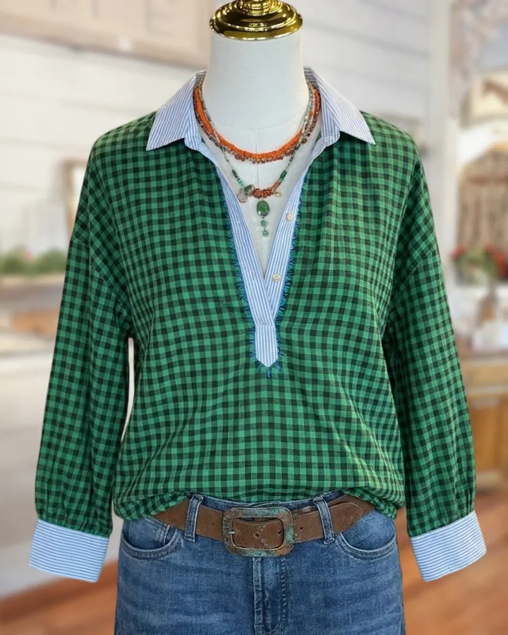 Gingham Contrast Trim Frayed Placket Long Sleeve Shirt
