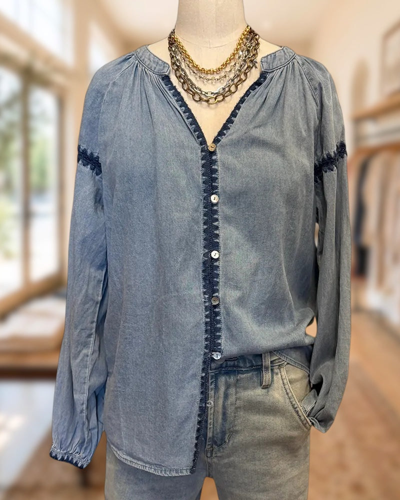 Button Front Contrast Trim Long Sleeve Denim Blouse