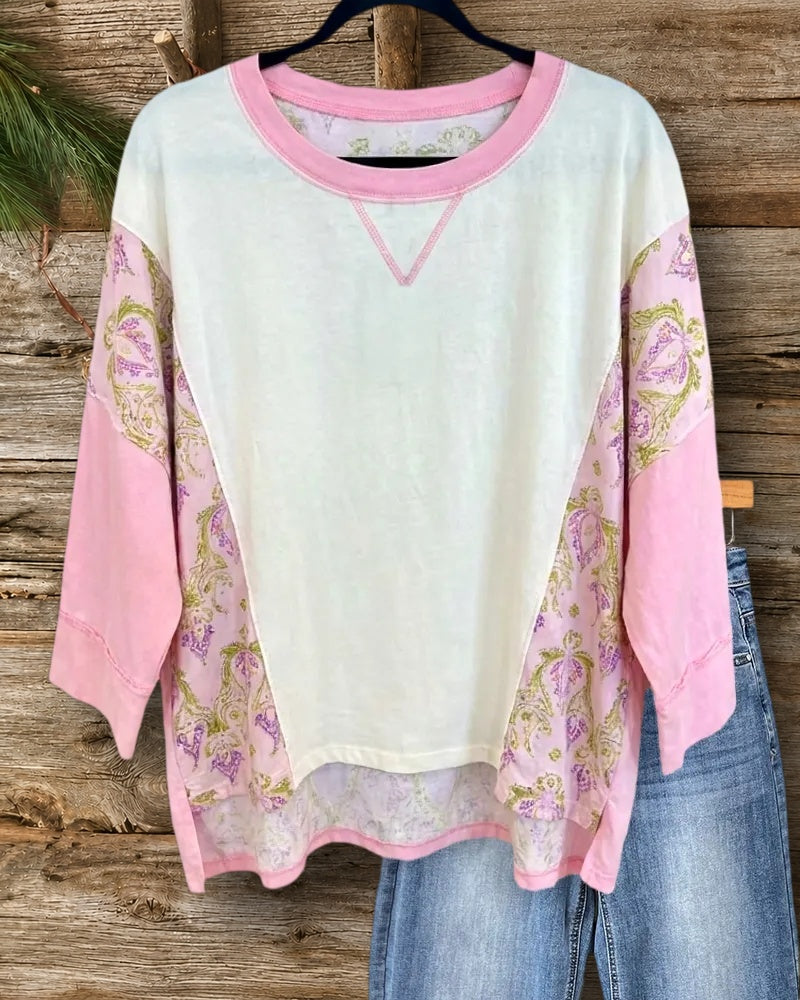 Paisley Patchwork 3/4 Sleeve High Low Casual Crew Neck Top
