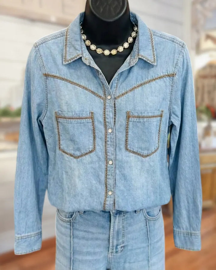 Contrast Stitching Button Front Chest Pocket Long Sleeve Shirt