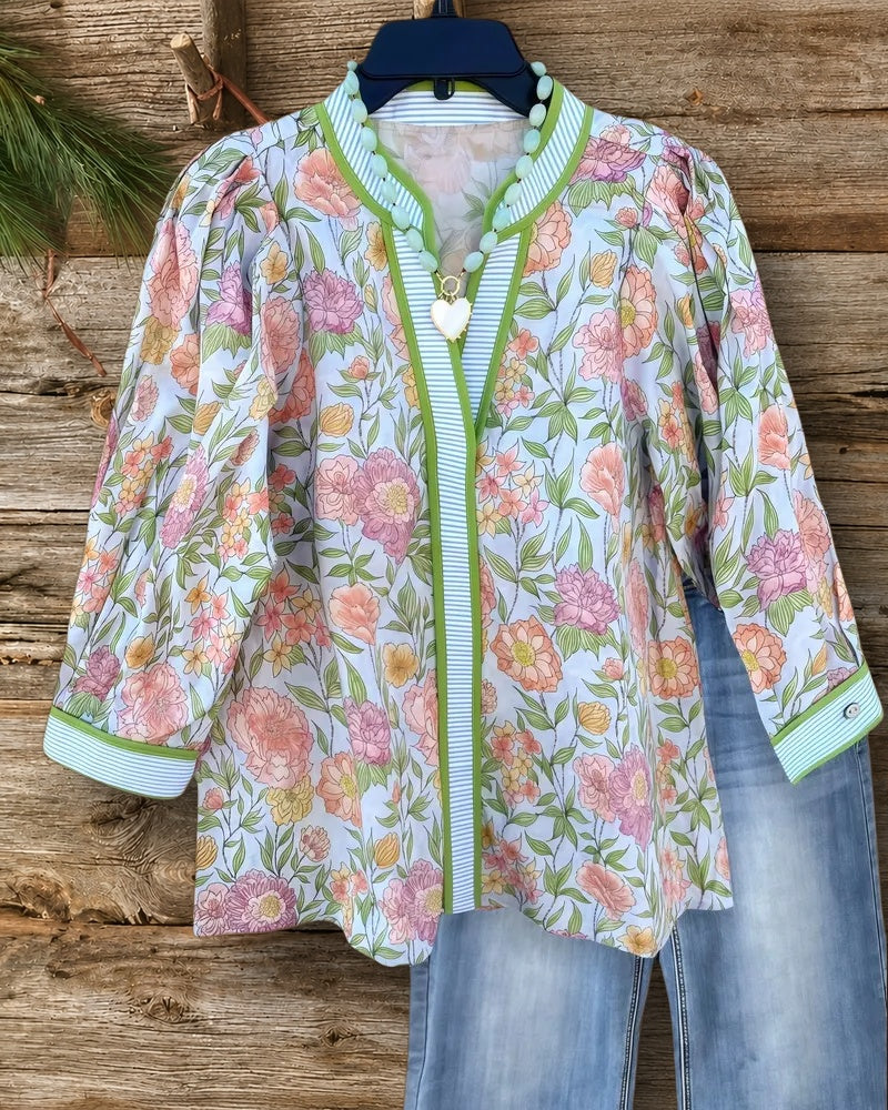 Floral Print Striped Trim Elegant V Neck Blouse