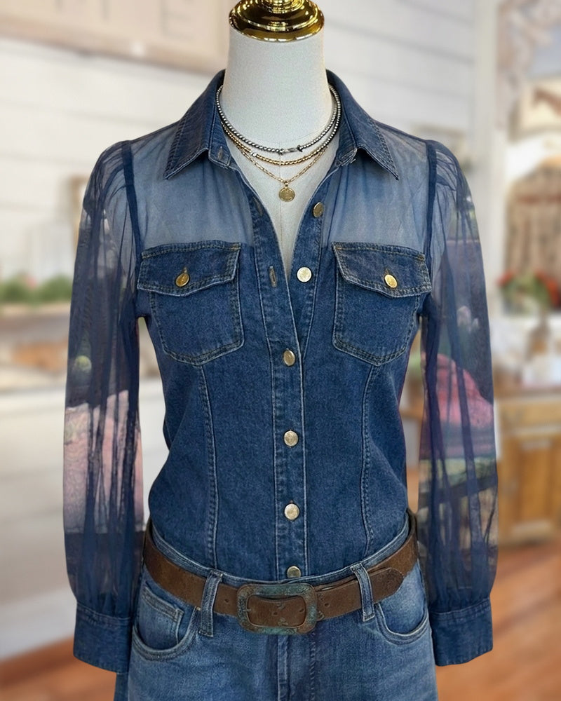 Denim Contrast Sheer Long Sleeve Flap Pocket Button Up Shirt