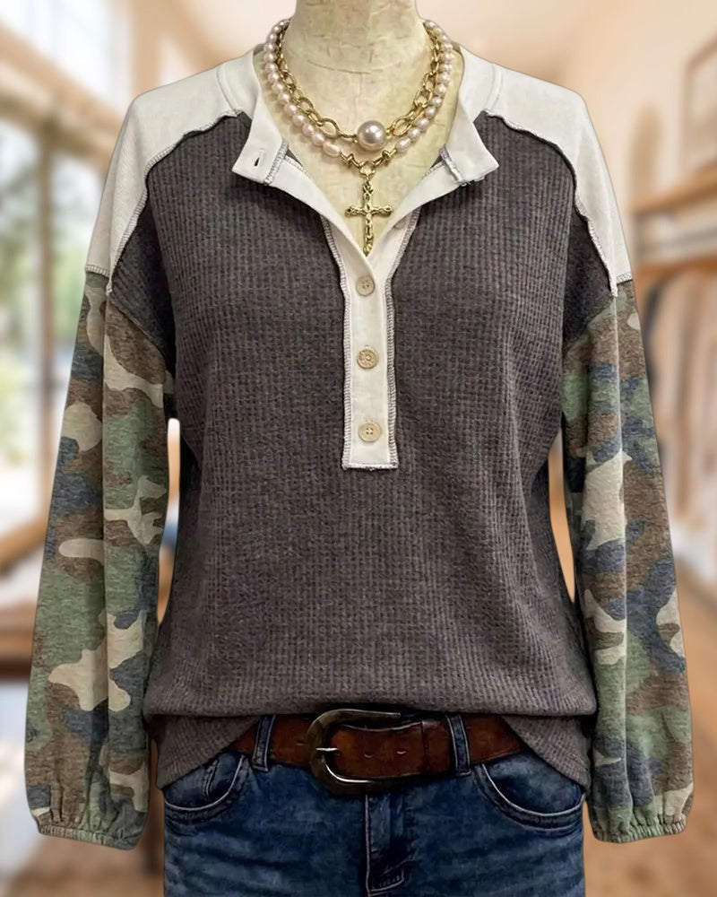 Henley Button Placket Contrast Trim Camo Sleeve Waffle Knit Top