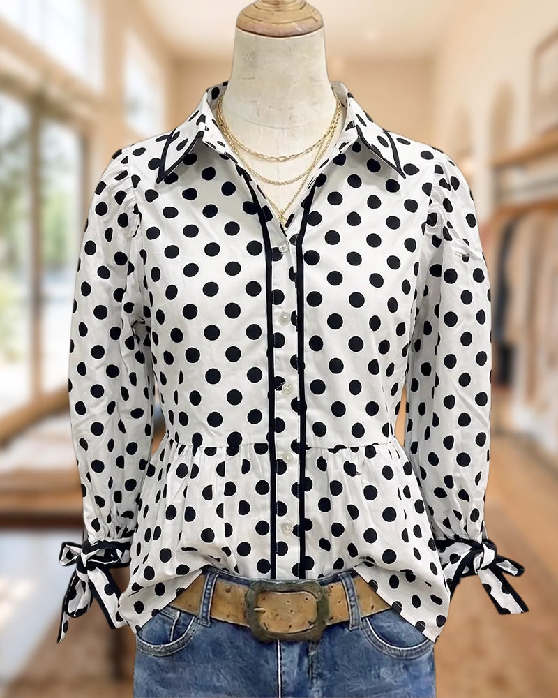 Polka Dot Contrast Trim Tied Sleeve Peplum Chic Blouse