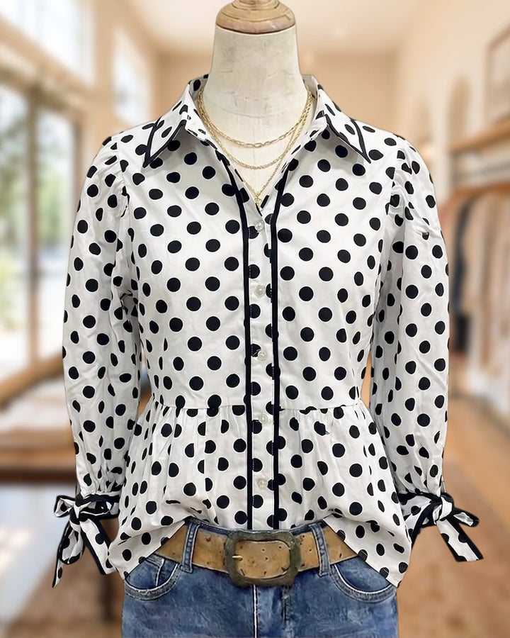 Polka Dot Contrast Trim Tied Sleeve Peplum Chic Blouse