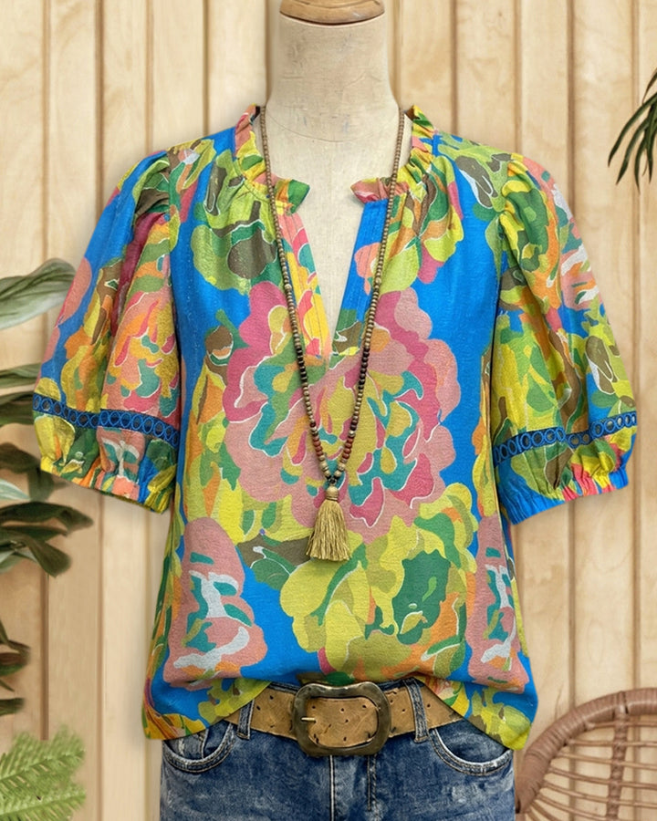 Ruffle Neck Puff Sleeve Cutout Accent Printed Loose Blouse