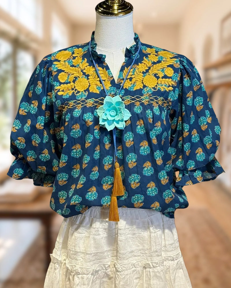 Embroidered Floral Print Puff Sleeve Smocked Ruffle Blouse